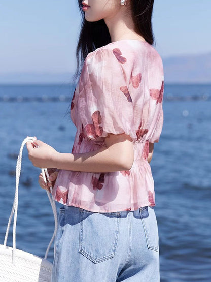 Kylie Elegant V-Neck Puff Sleeve Butterfly Printed Top
