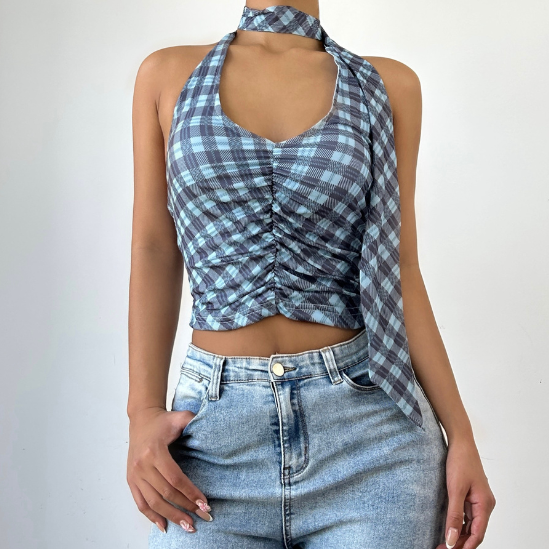 Halter u neck plaid ruched backless top  | Festival Outfits Women