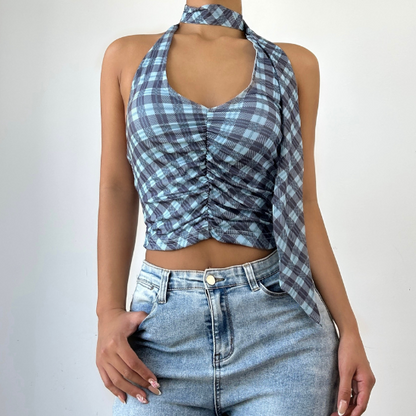 Halter u neck plaid ruched backless top  | Festival Outfits Women