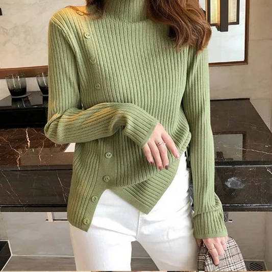 Elegante jersey de punto de cuello alto para mujer con botón y abertura | Ideal para otoño/invierno