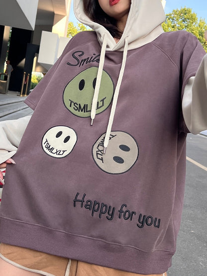 Smiling Print Splice Drawstring Oversized Hoodie