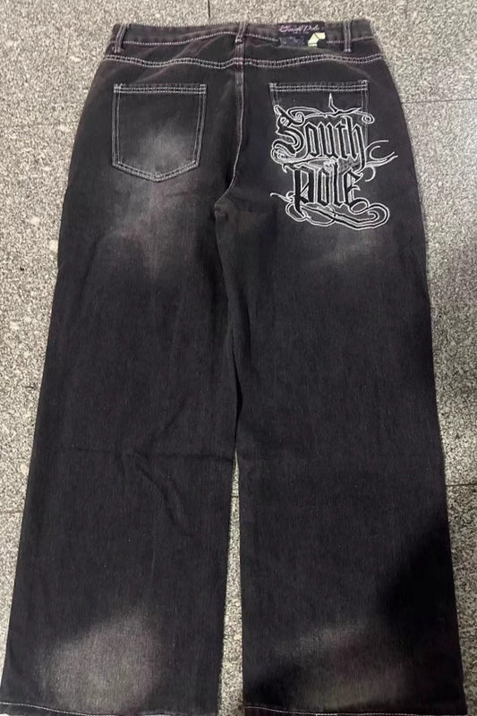 Black Gray Graphic Print Wide Leg Pants