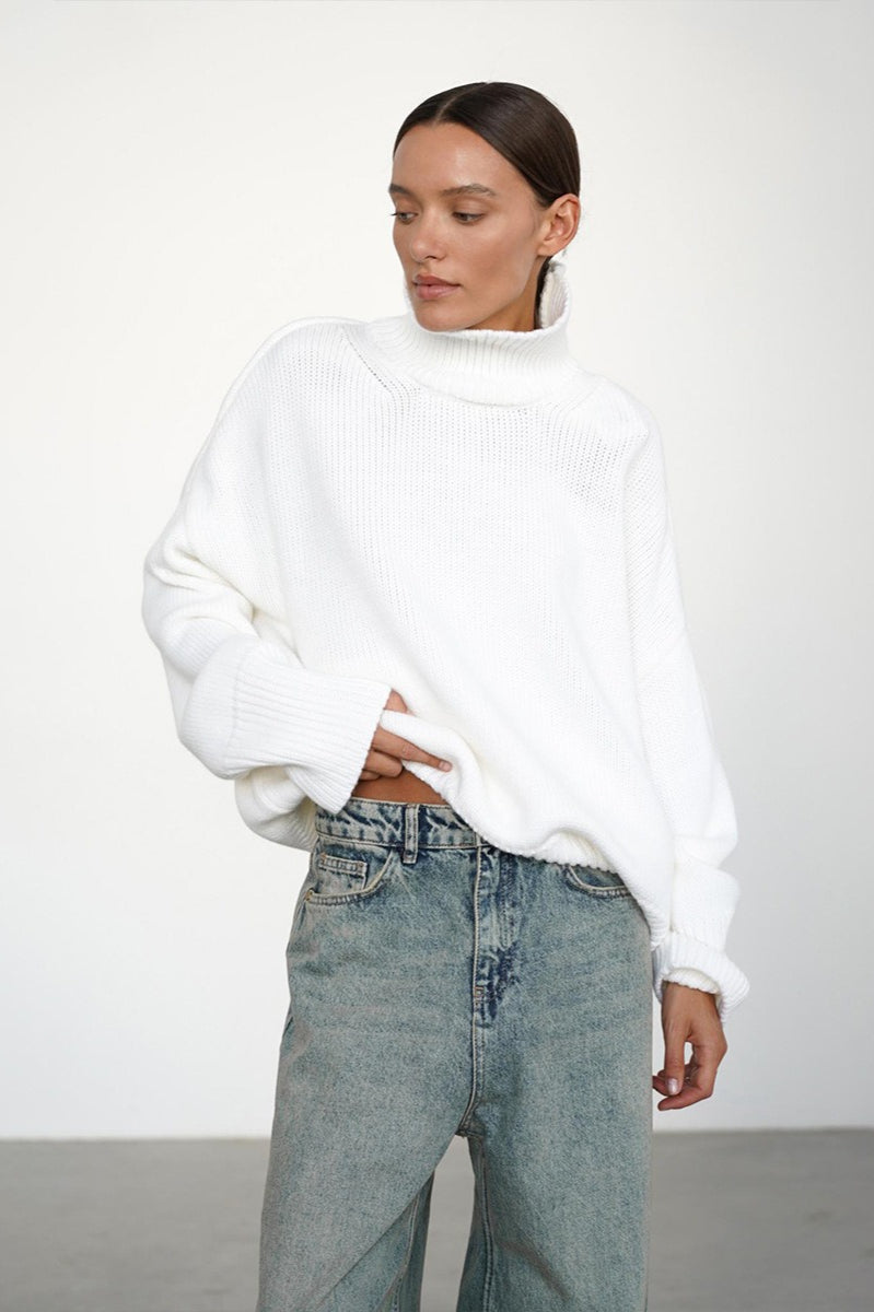 Solid High Neck Slouchy Slim-Fit Knit Sweater