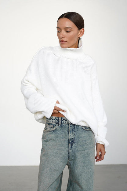 Solid High Neck Slouchy Slim-Fit Knit Sweater