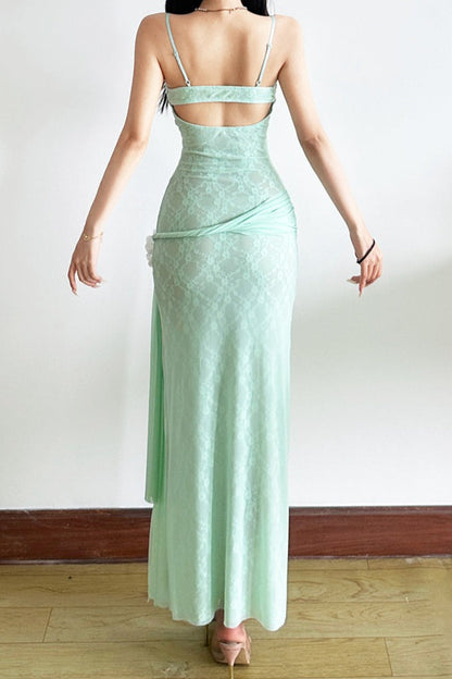 Lace Mesh 3D Floral Waist Cinched Cami Maxi Dress