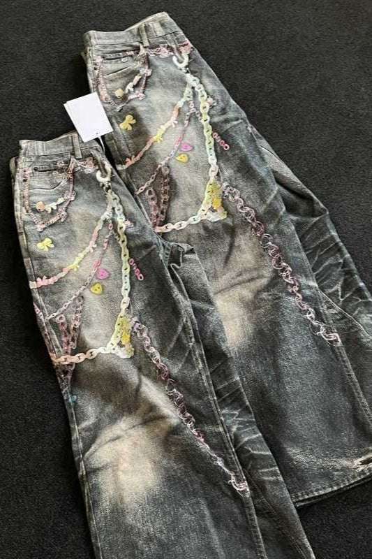 Punk Heavy Chain Print Floor-Length Denim Pants