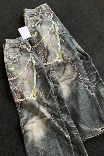 Punk Heavy Chain Print Floor-Length Denim Pants