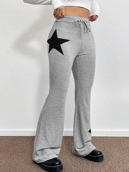 Star Print Highly Elastic High Rise Drawstring Flare Leg Pants