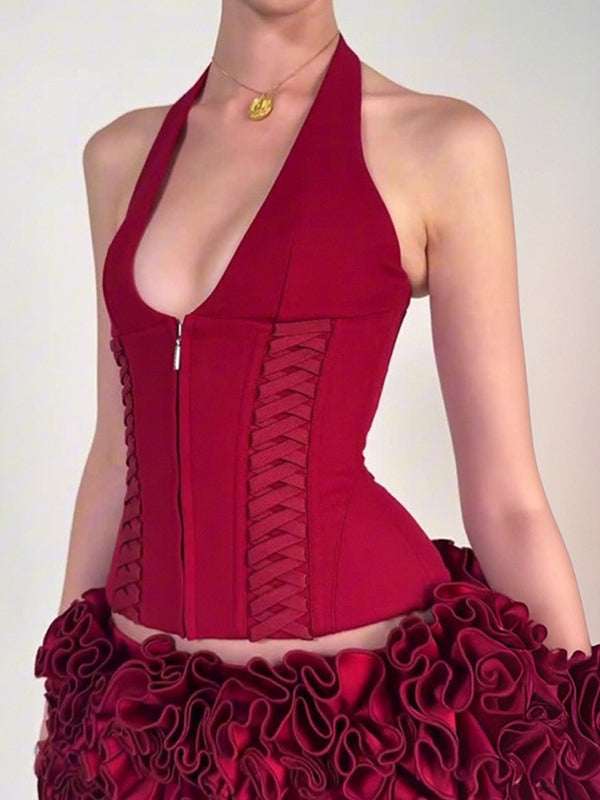 French Neck Tie Halter Vest