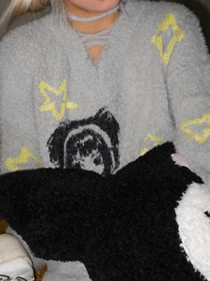 Anime Print V Neck Loose Sweater