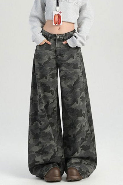 Camouflage Wide Leg High Waist Relaxed Jeans