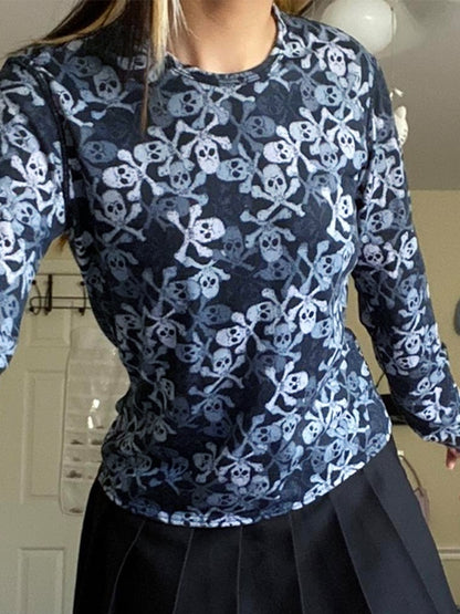 All Over Skull Print Long Sleeve Tee