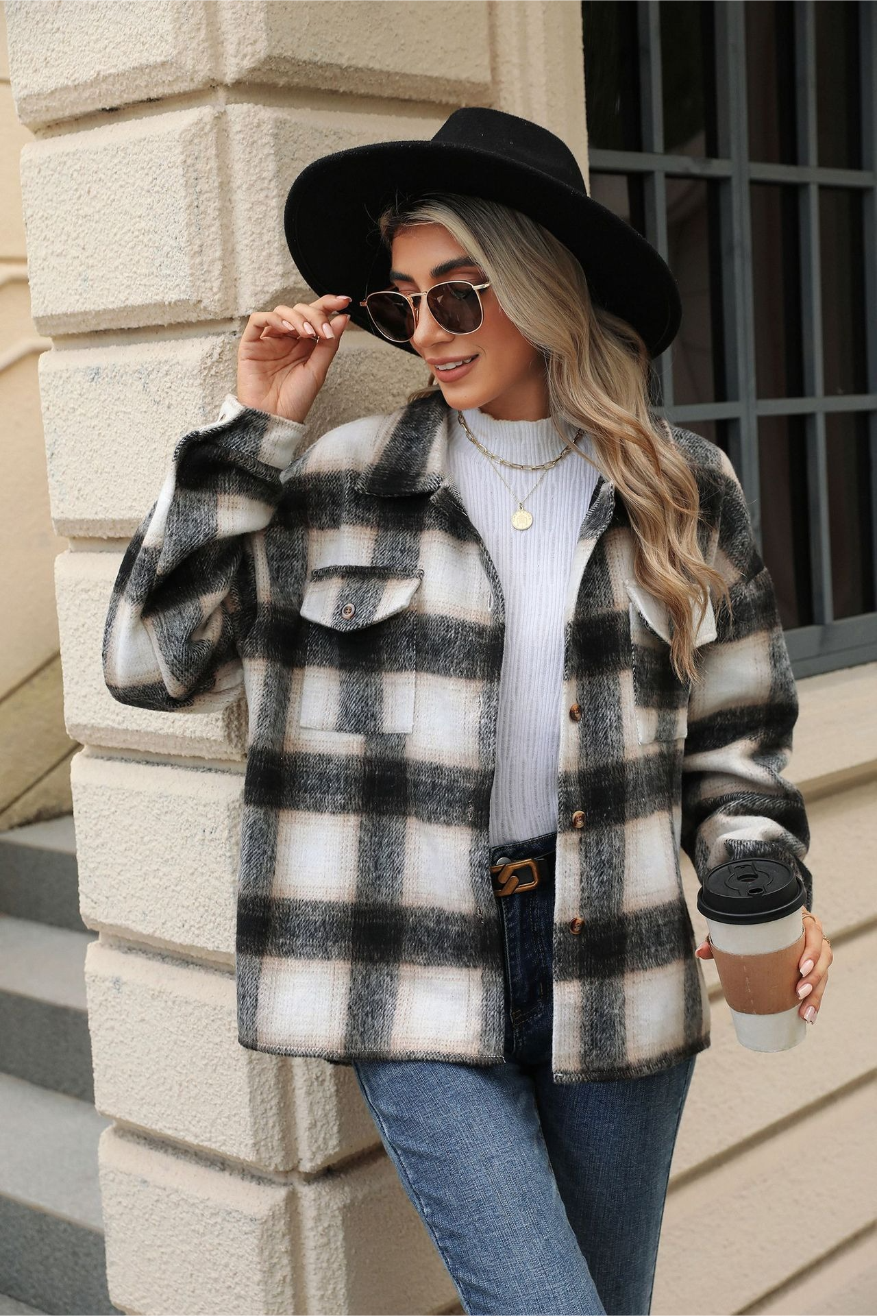 Loose Plaid Lapel Faux Wool Long Sleeve Coat
