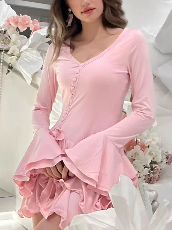 Lace-Trimmed Party Long Sleeve Mini Dress