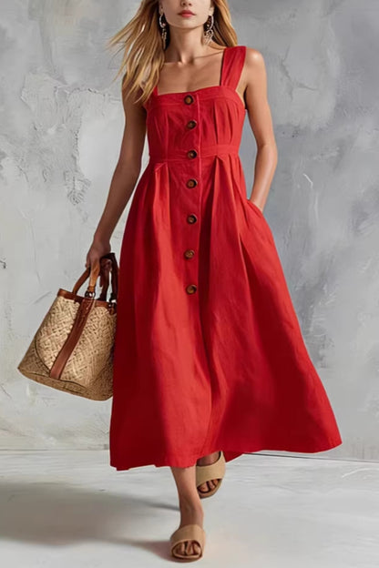 Linen Blend Solid Color Square Neck Sleeveless Button Casual Maxi Dress