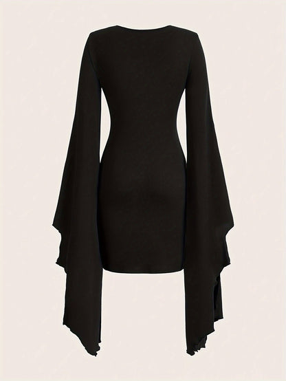 V Neck Asymmetrical Lace Dress Lace Up V Neck Asymmetrical Dress, Y2K Long Sleeve Dress For & Fall, Clothing