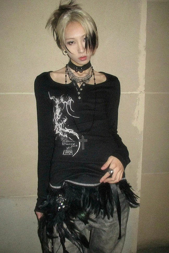 Tattoo Print Irregular Gothic Knit Top