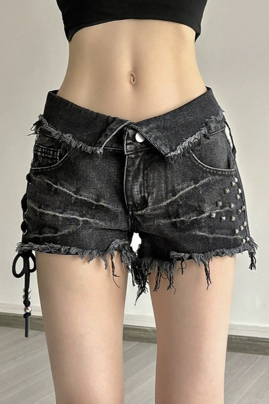 Edgy Black Denim Tie Waist Rivet Shorts