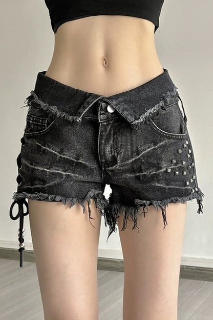 Edgy Black Denim Tie Waist Rivet Shorts