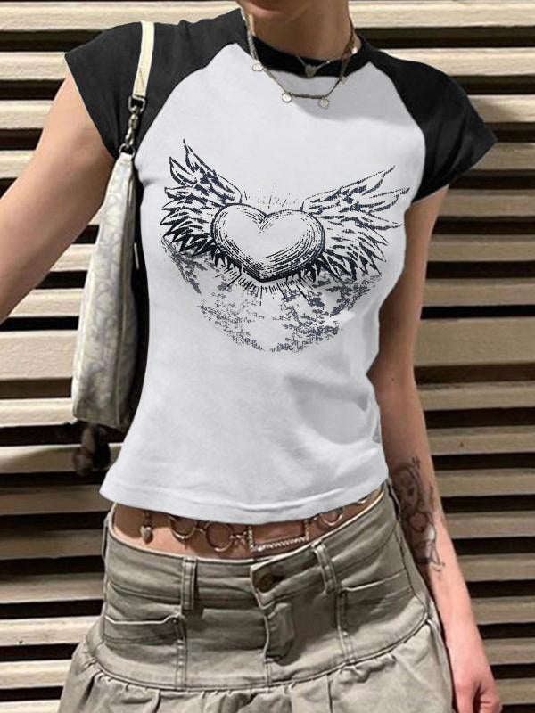 Y2K Wings Print Contrast Raglan Slim Short Sleeve Tee
