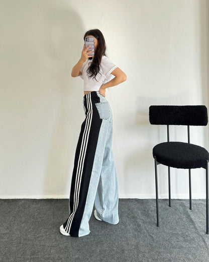 High Waisted Straight Pants Casual Pants Striped Patchwork Jeans