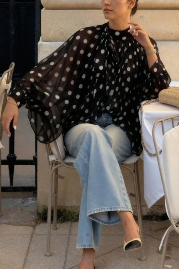 Polka Dot Print Tie-waist Lantern Sleeve Elegant Loose Shirt