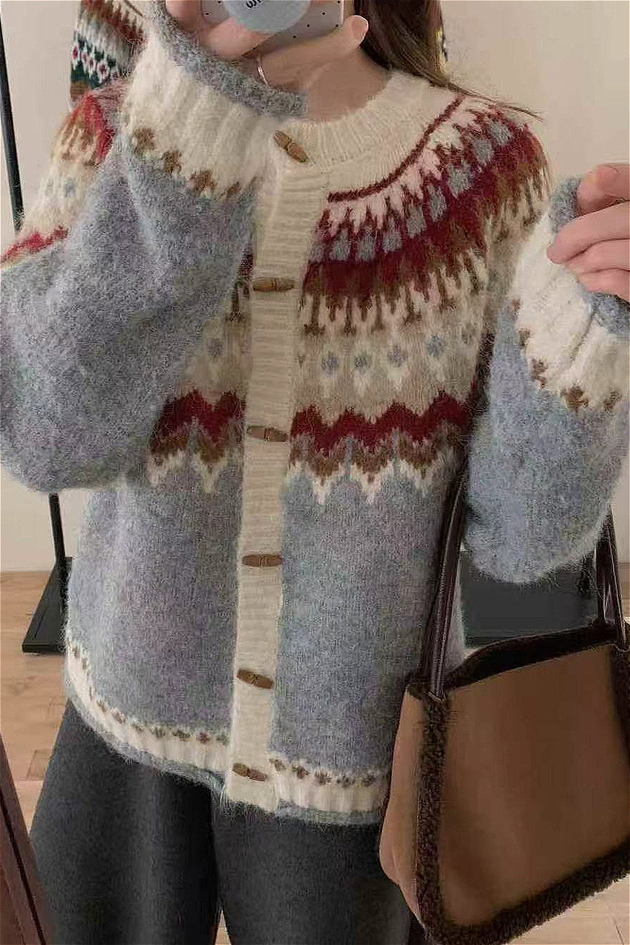 Crew Neck Fair Isle Horn Button Knit Cardigan