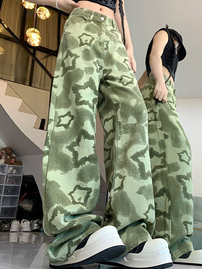 Green Camouflage Work Clothes Boyfriend Jeans