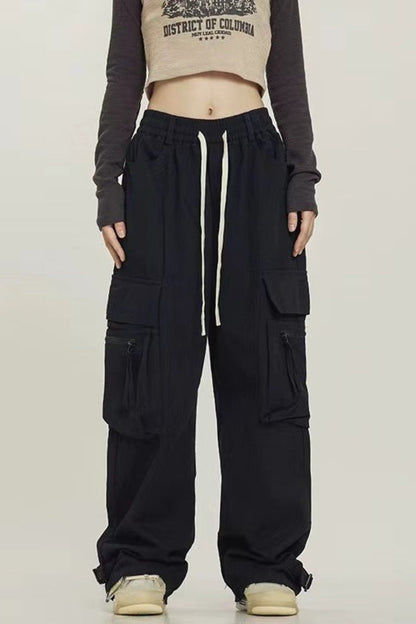 Street Style Loose Wide Leg Red Cargo Pants