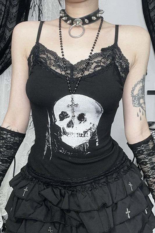 Lace Trim Gothic Skull Graphic Cami Corset