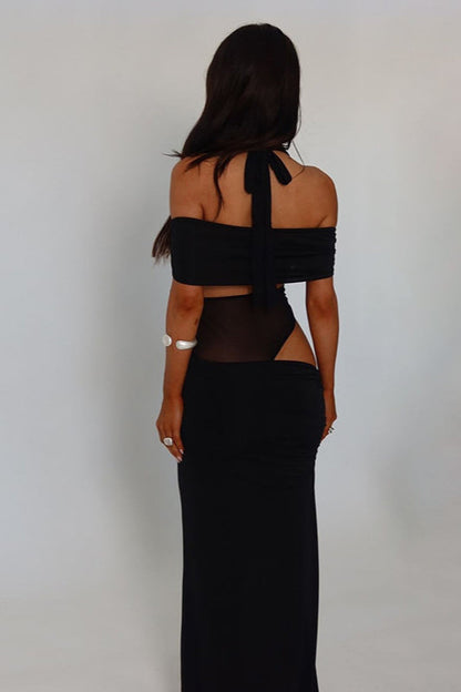 Trendy Off-Shoulder Color Block Bodycon Maxi Dress