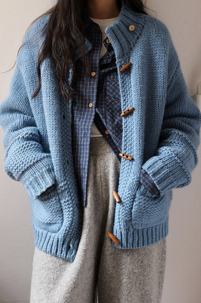 Vintage Solid Wool Chunky Knit Wooden Button Sweater
