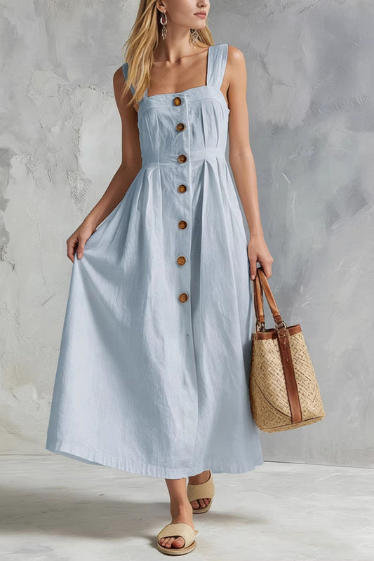 Linen Blend Solid Color Square Neck Sleeveless Button Casual Maxi Dress