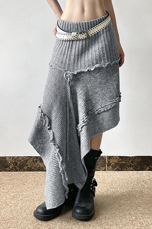 Knit Asymmetric Hem High Waist Midi Skirt