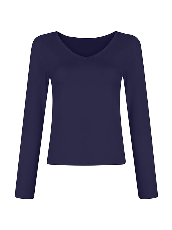 Solid V Neck Slim Long Sleeve Tee