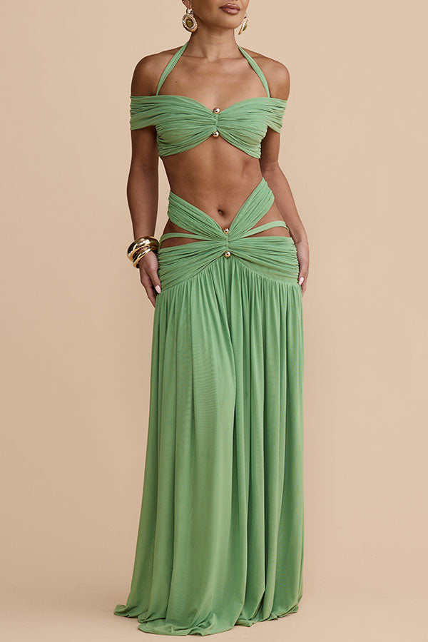Green Off Shoulder Halter Ruched Two Piece Maxi Skirt Set Sexy Cut Out Resort Dress
