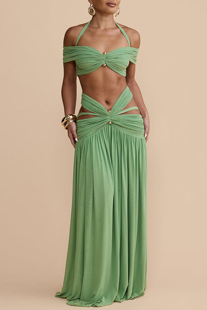 Green Off Shoulder Halter Ruched Two Piece Maxi Skirt Set Sexy Cut Out Resort Dress