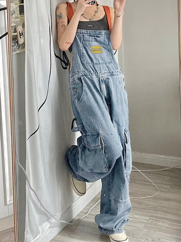 Vintage Big Pocket Splash Ink Print Overalls