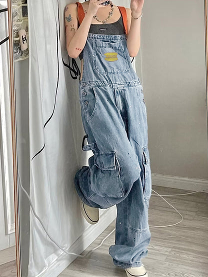Vintage Big Pocket Splash Ink Print Overalls
