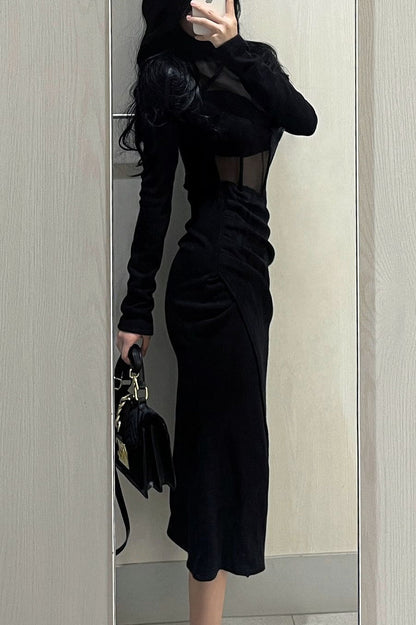 Black Mesh Sheer Slim Bodycon Midi Dress