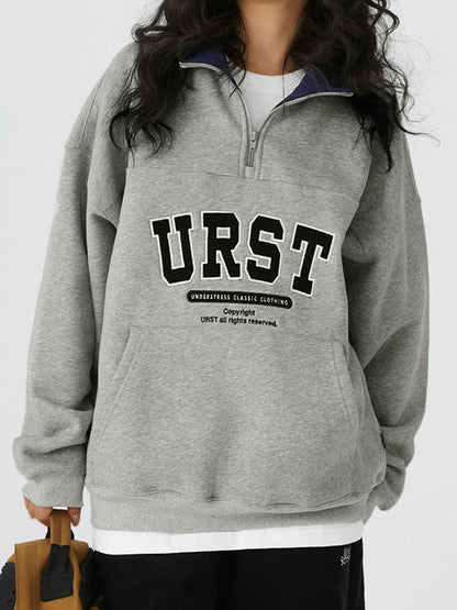 Letter Embroidery Lapel Neck Half Zipper Sweatshirt