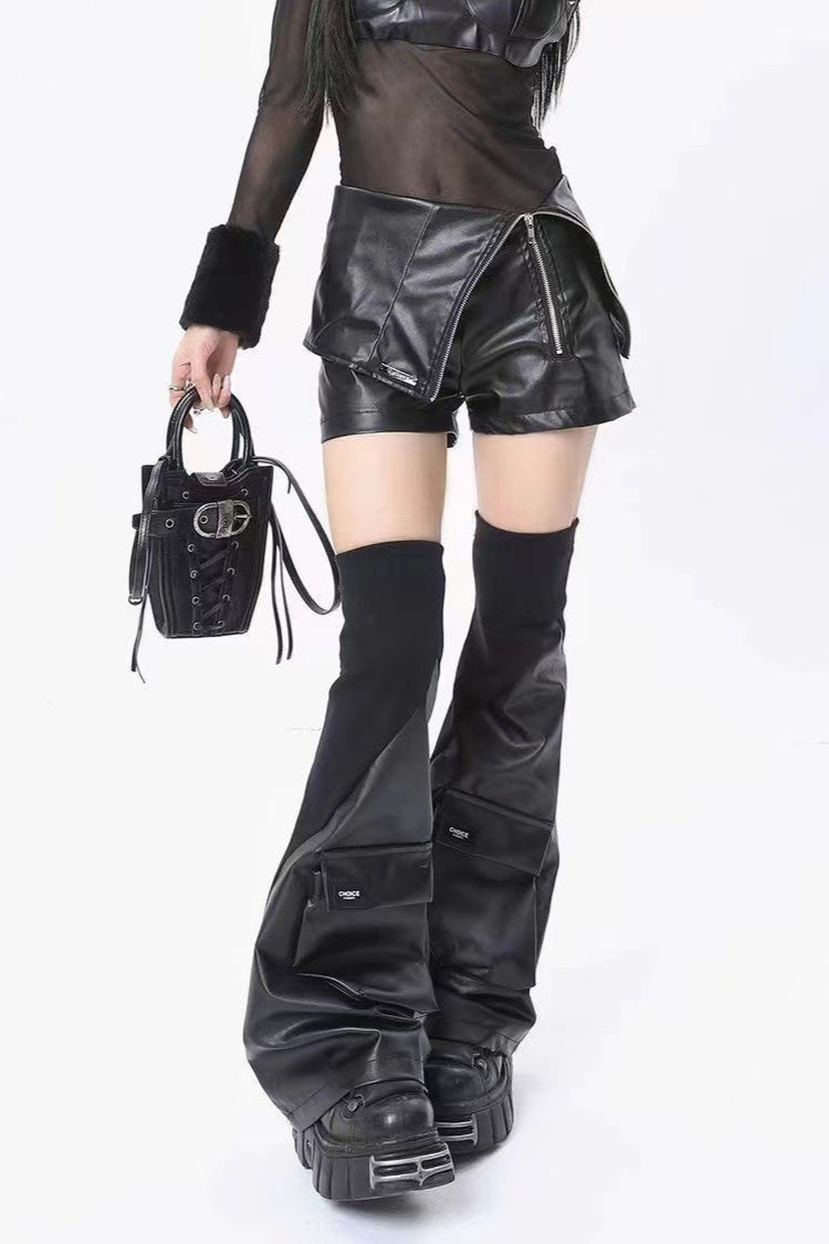 Black PU Flared Patch Pockets Socks