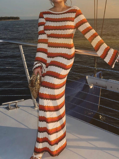 Striped Contrast Knitted Hollow Maxi Dress