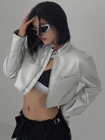 Casual Silver Stand Collar Zip Up Crop Coat
