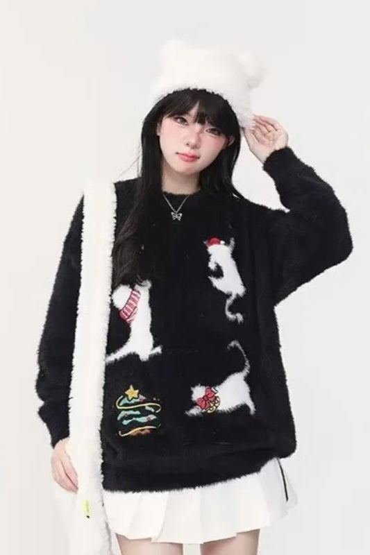 Adorable Cat Print Christmas Round Neck Women's Knit Sweater