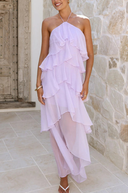 Solid Color Chiffon Halter Neck Elegant Ruffle Maxi Dress