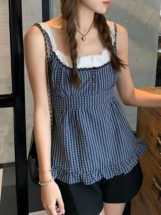 Y2K Checkered Faux Two-Piece Lace Layered Tank Top for Japanese And Korean Style.