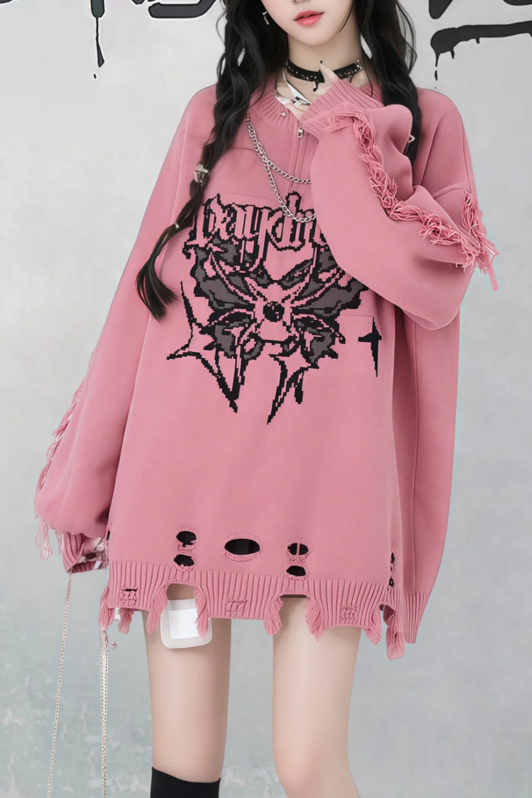 Gothic Y2K Subculture Rivet Print Ripped Loose Knit Sweater