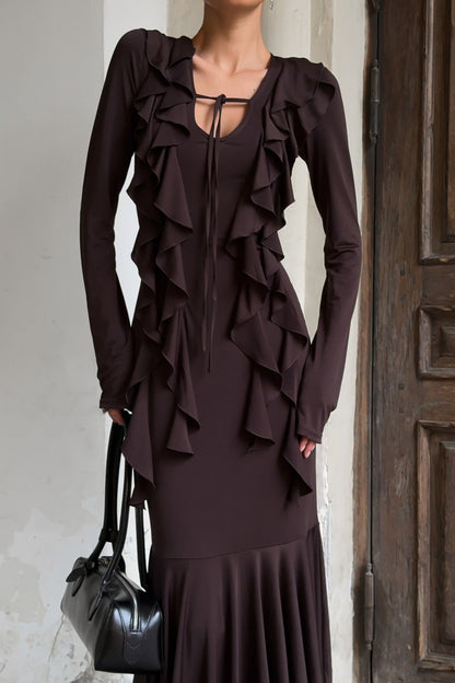 Layered Ruffled V-neck Maxi Boho Dress