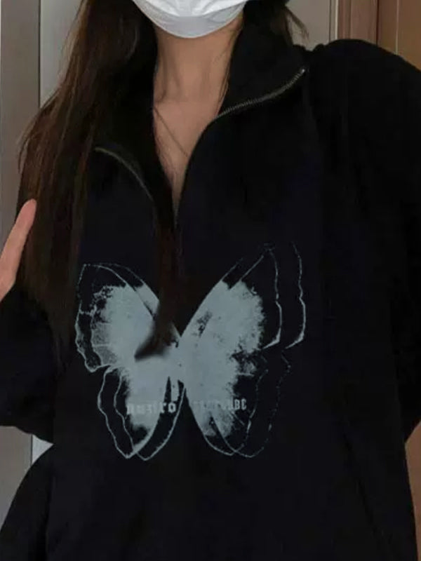 Butterfly Print Half Zipper Lapel Neck Sweatshirt